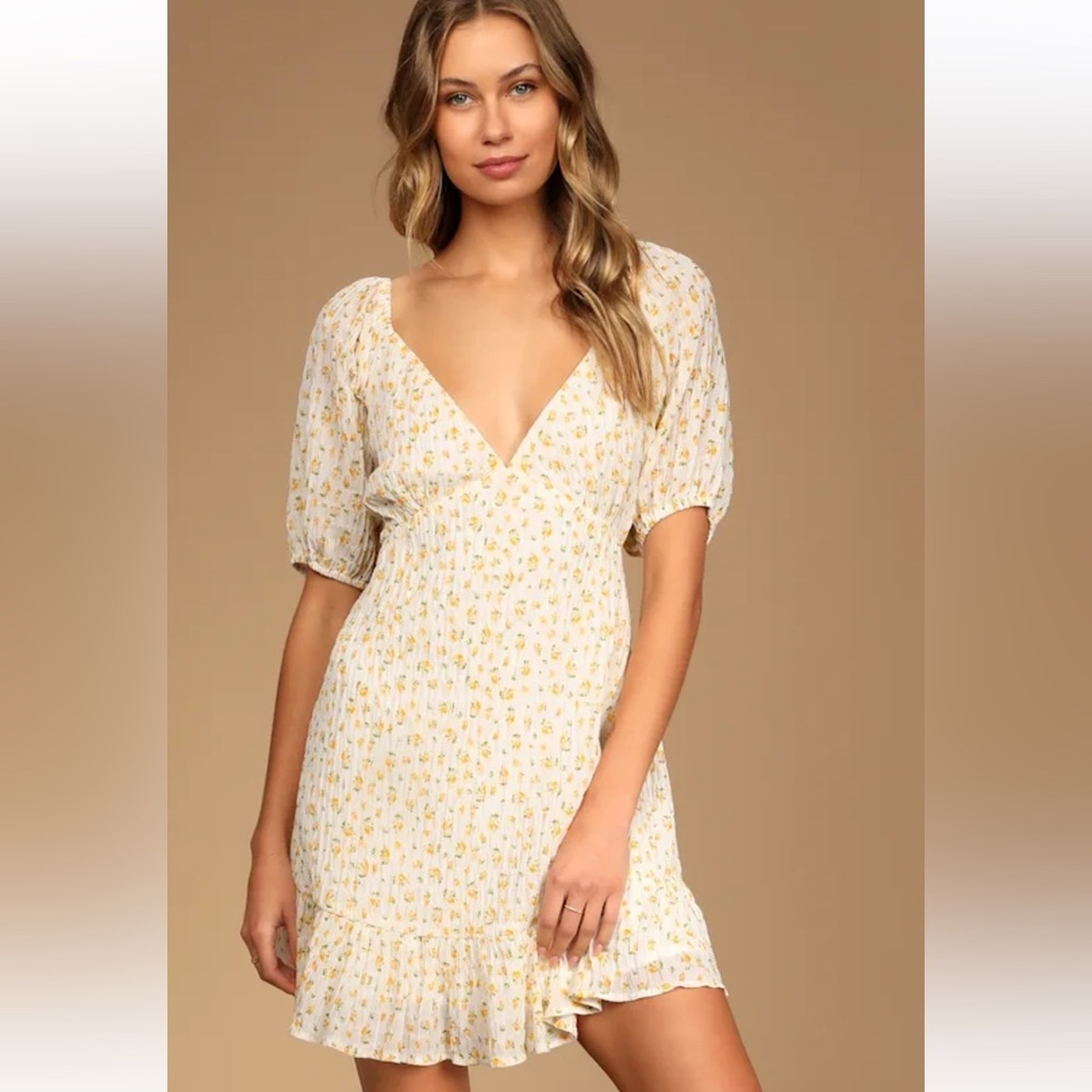 Lulu's Flirtatious Fit White Floral Print Puff Sleeve Mini Dress